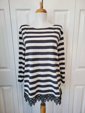 Primark ATMOSPHERE Black Tan Horizontal Striped Crochet Long Sleeve Top sz L EUC